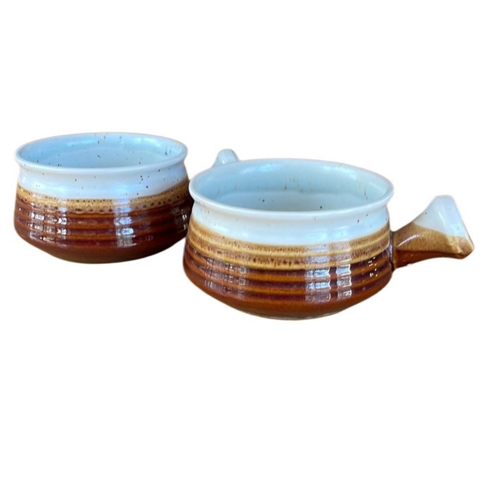 70s Vintage Fashion House Ceramic Soup Bowls Mug with Handles Brown Set of two